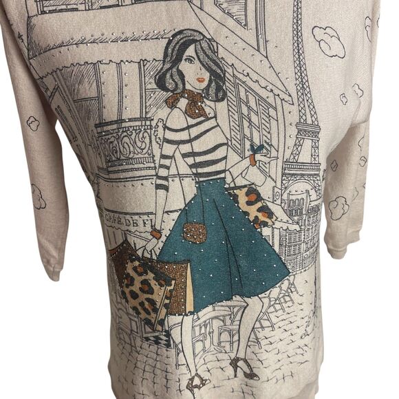 Womens Novelty Graphic Sweater Sz S Beige Parisian Girl Embellished Cute Artsy - Picture 11 of 15